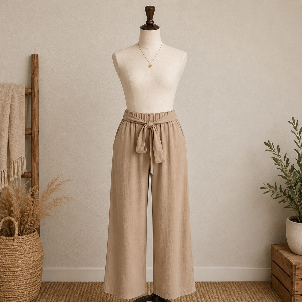 Women's Beige Wide Leg Pants Elastic Waist Paperbag Tie Belt Cropped Flowy